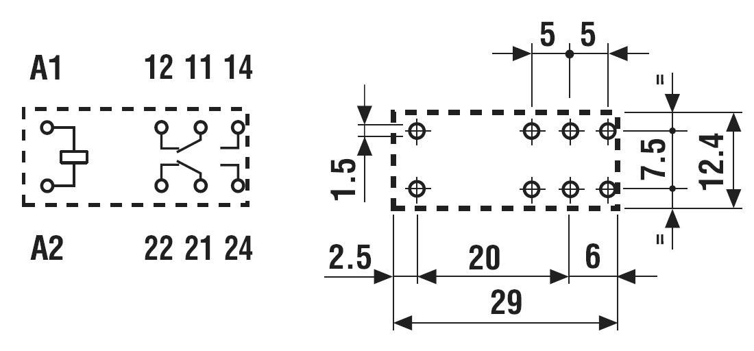 'Diagramm eines elektrischen Steckers mit Kontaktbelegungen und Maßangaben in Millimetern. Die Kontakte sind als A1, A2, 12, 14, 22, 24 gekennzeichnet.'