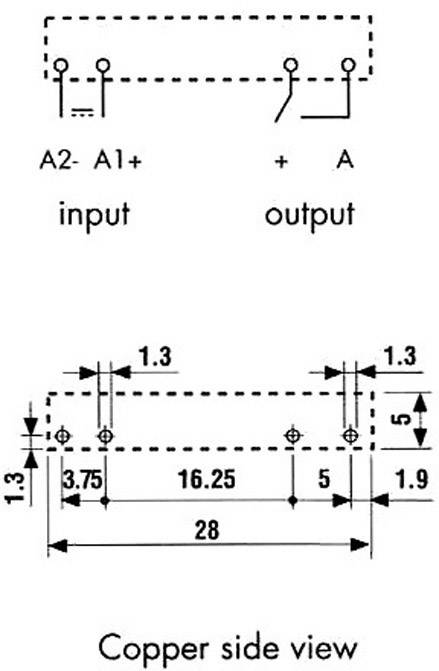 Schaltkreisdiagramm mit Eingangs- und Ausgangsanschlüssen. Maßangaben in Millimetern, Gesamtbreite 28 mm, Detailansicht der Kupferseite.