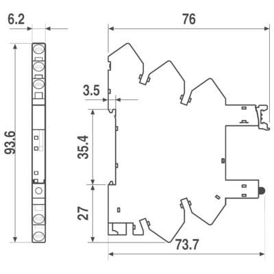 Technische Zeichnung eines Profilquerschnitts mit Bemaßungen: 93,6 x 6,2 mm (links), 73,7 x 76 mm (rechts), weitere Details markiert.