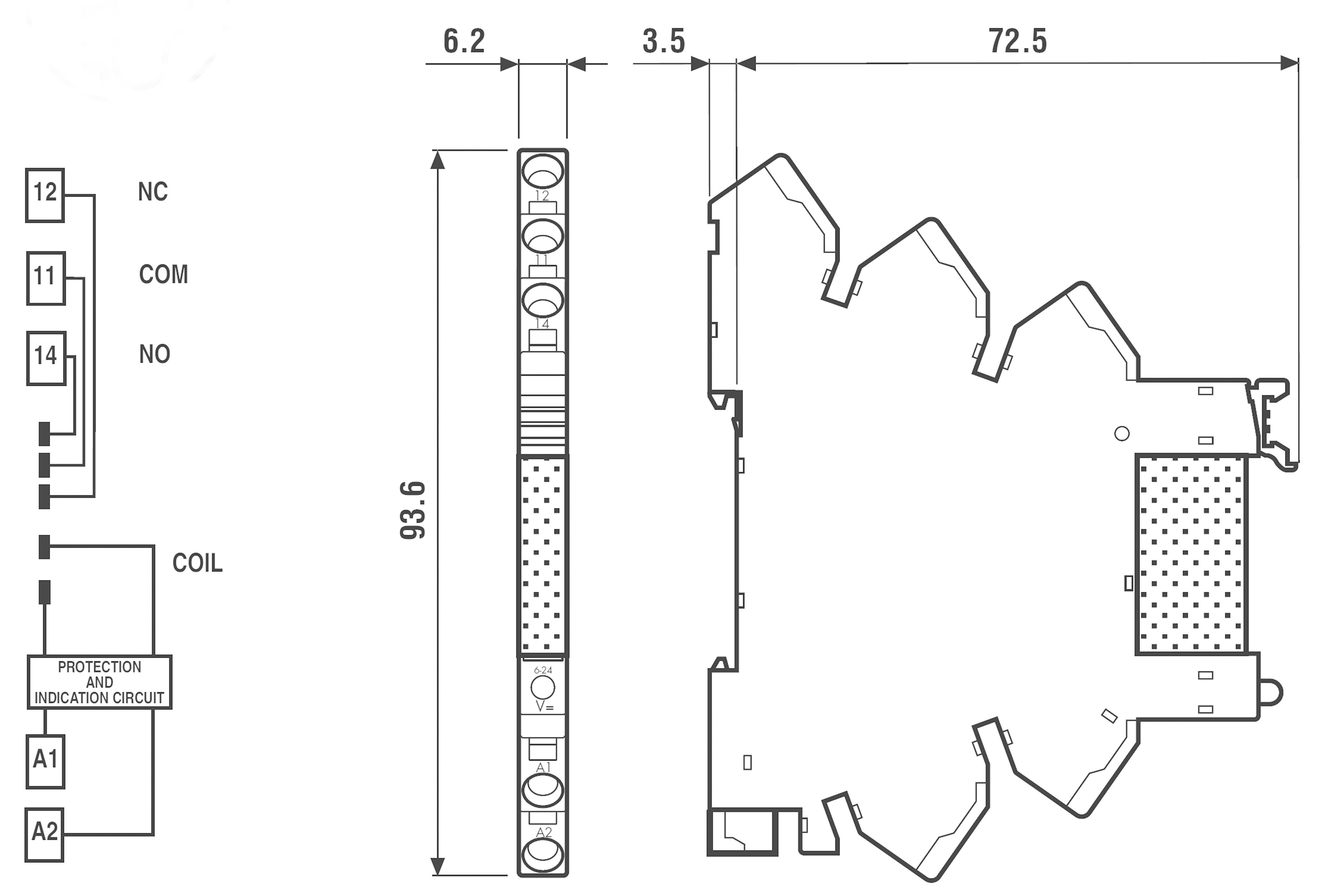 'Schaltplan und Seitenansicht eines Relaismoduls mit Maßen: 93,6 mm Höhe, 6,2 mm Breite. Anschlussklemmen: NC, COM, NO, COIL.'