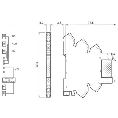 'Schaltplan und Seitenansicht eines Relaismoduls mit Maßen: 93,6 mm Höhe, 6,2 mm Breite. Anschlussklemmen: NC, COM, NO, COIL.'