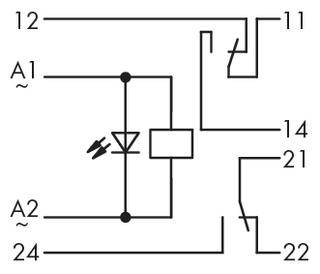 Schaltplan eines elektromechanischen Relais mit Spule, Diode und Schaltkontakten. Verbindungspunkte und Pins sind nummeriert.