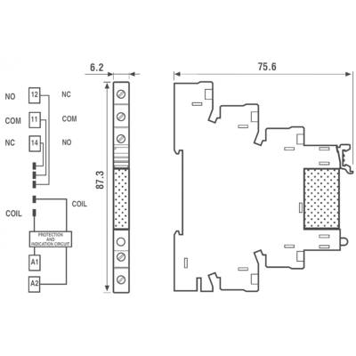 'Schaltplan und Abmessungen eines Relaismoduls mit Schutz- und Anzeigeschaltung. Links: elektrische Anschlüsse; Rechts: mechanische Maße.'