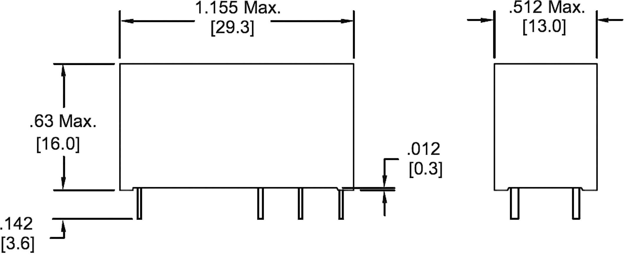 Diagramm einer elektronischen Komponente mit Abmessungen: Länge 1,155 Zoll, Höhe 0,63 Zoll und Breite 0,512 Zoll. Anschlüsse unten.