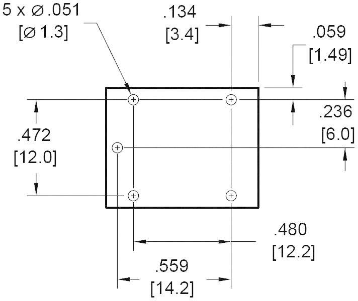 Technische Zeichnung eines quadratischen Bauteils mit mehreren Bemaßungen in Zoll und Millimeter, Lochpositionen und Radien dargestellt.