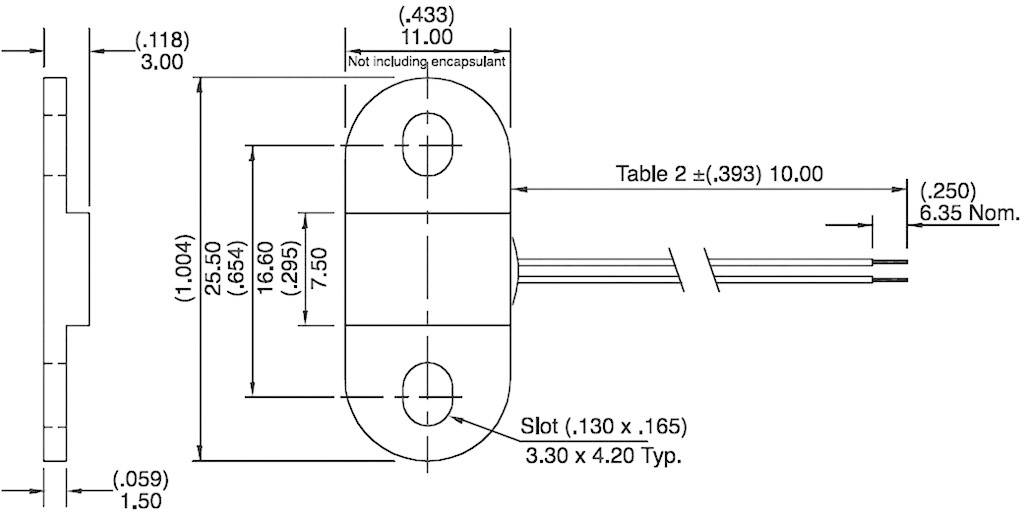 Technische Zeichnung eines elektrischen Bauteils mit Maßen in Zoll. Enthält Drahtanschlüsse rechts, zwei Befestigungslöcher, und einen Schlitz in der Mitte.