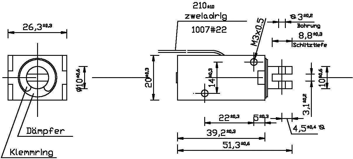 'Technische Zeichnung eines Dämpfers'. Seitenansicht mit Maßen: Länge 101,5 mm, Breite 20 mm, Höhe 20 mm. Enthält Gewindemaße und Bohrungsdetails.