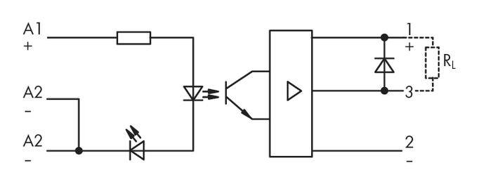 Elektronisches Schaltbild eines Optokopplers mit LED-Eingang und Transistor-Ausgang, zeigt Verbindungen zwischen Leitungen und Komponenten.