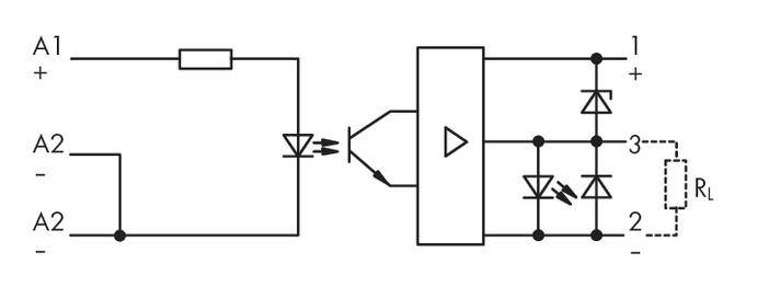 Schaltplan zeigt eine LED-Diode in einer optokoppler-gesteuerten Schaltung mit Widerstand und Dioden, verbunden mit einem Lastwiderstand RL.
