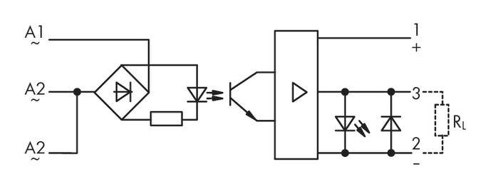 Schaltplan eines Optokopplers: Eingang A1/A2, Diode, verstärktes Lichtsignal, Ausgang an 3 und 2, mit Lastwiderstand RL.