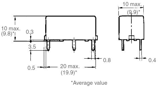 Abbildung eines elektronischen Bauteils mit zwei Ansichten. Maße: Länge 20 mm, Breite 10 mm, Höhe 10 mm; Anschlusspins detailliert.