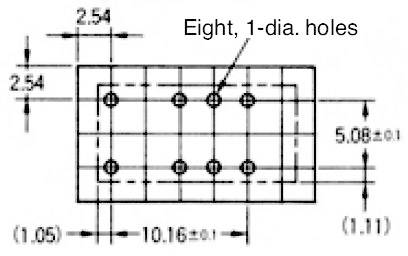 Technische Zeichnung eines rechteckigen Bauteils mit acht Löchern (Durchmesser 1). Maße: 2,54, 5,08, 10,16 mm.