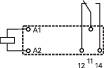 Schaltschema eines Relais mit Spulenanschlüssen A1, A2 und Kontakten 11, 12, 14 dargestellt. Veranschaulicht den elektrischen Anschluss.
