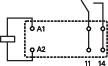 Ein Diagramm einer elektrischen Schaltung mit einem Relais. Kontakte A1 und A2 sind mit einem Schalter verbunden, zeigen Stromflusswege.