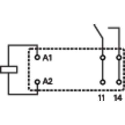 Ein Diagramm einer elektrischen Schaltung mit einem Relais. Kontakte A1 und A2 sind mit einem Schalter verbunden, zeigen Stromflusswege.
