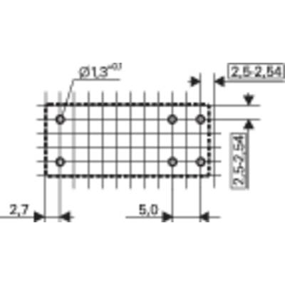 Technische Zeichnung eines rechteckigen Bauteils mit Abmessungen und Lochmuster. Maße: 2,7 x 5,0 cm; Lochdurchmesser 0,13 cm.