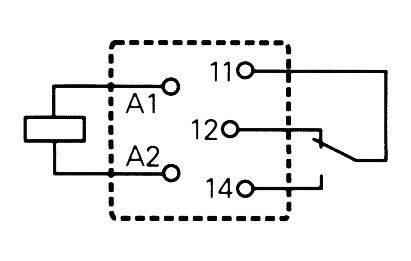 Schaltplan eines Relaismoduls mit Anschlüssen A1, A2, 11, 12 und 14, das einen Schaltkontakt steuert.