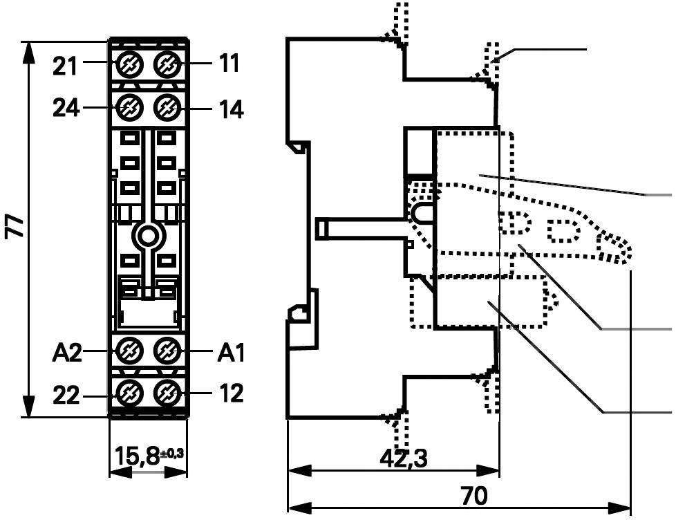 Technische Zeichnung eines Relais-Sockels mit Abmessungen: Höhe 77 mm, Breite 15,8 mm, Tiefe 70 mm. Anschlussnummern und Bohrungsdetails sind angegeben.