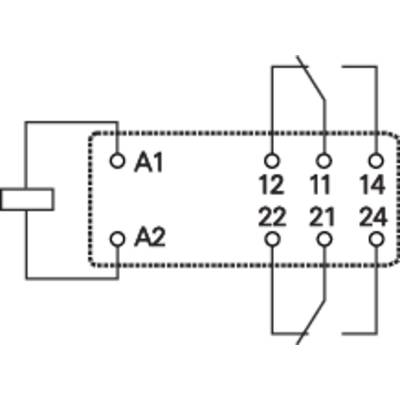 Ein Diagramm zeigt ein elektrisches Bauteil mit nummerierten Anschlüssen (A1, A2, 11, 12, 14, 21, 22, 24) und Verbindungslinien.