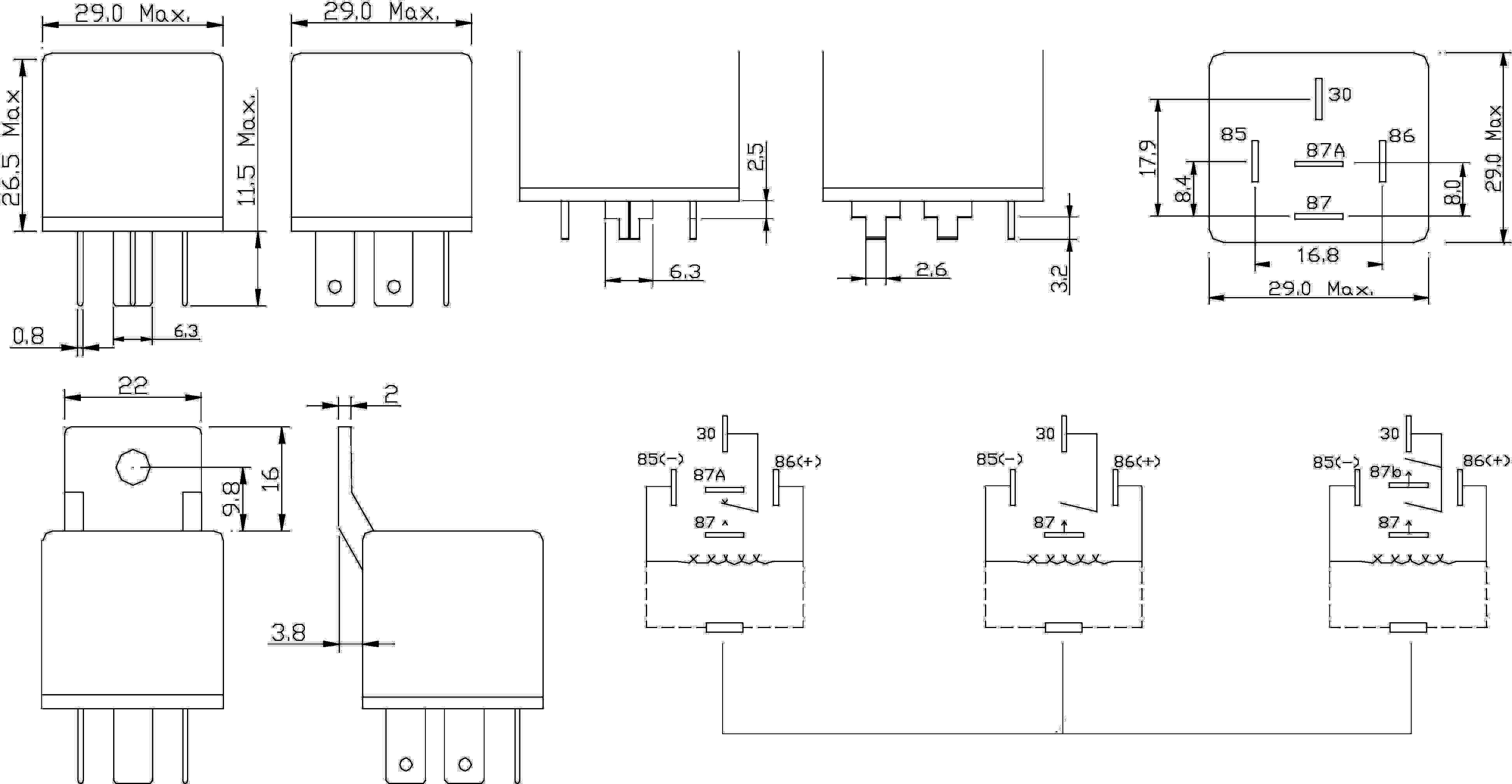 Technische Zeichnung eines Relais mit Abmessungen und Pinbelegung, zeigt Seitenansicht, Frontansicht und Schaltplan mit Anschlussdiagramm.