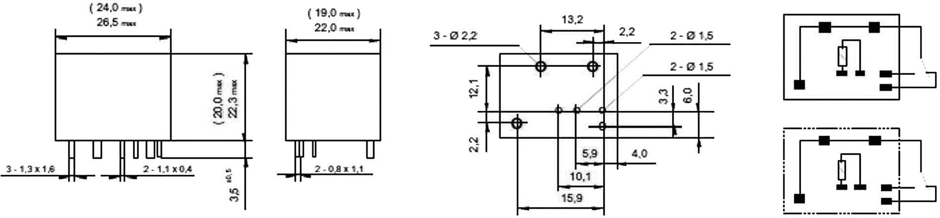 Technische Zeichnung eines elektrischen Bauteils mit Maßen und Steckverbindern von verschiedenen Ansichten, einschließlich Vorder- und Seitenansicht.