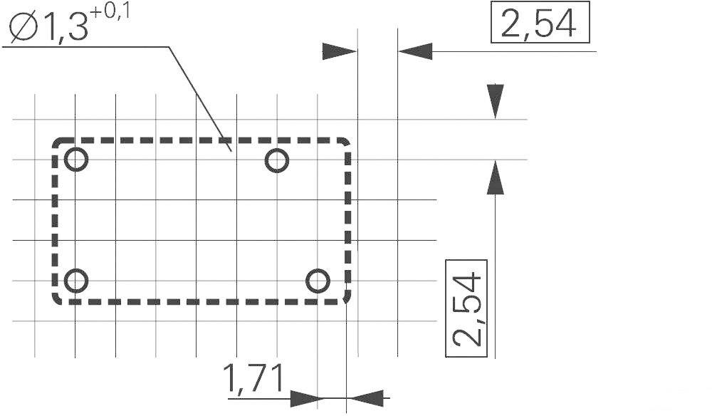 Technische Zeichnung mit Bemaßung: Rechteckige Form mit vier Bohrlöchern. Maße: 2,54 cm x 2,54 cm, Bohrlöcher Ø 1,3 cm.