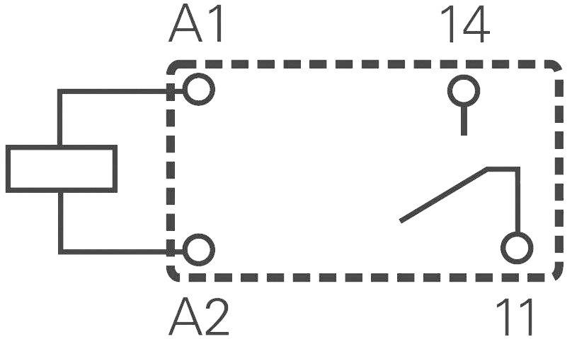 Elektrotechnisches Diagramm eines Relais mit Anschlüssen: A1, A2 für die Spule und 11, 14 für den Schaltkontakt.