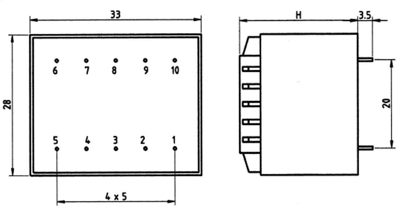 'Technische Zeichnung eines Steckverbinders mit seitlicher und frontaler Ansicht. Maße: 33 x 28 mm; H: 20 mm; 10 nummerierte Pins.'