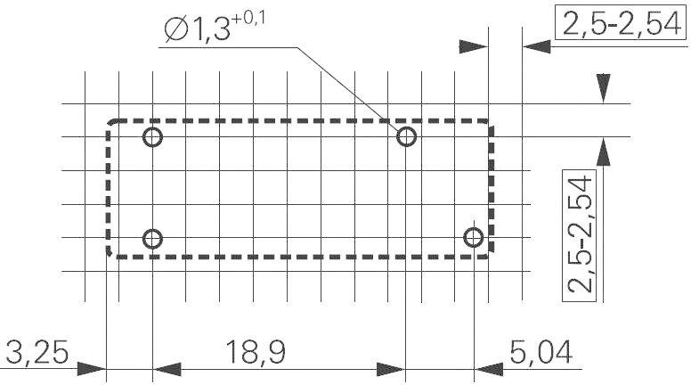 Technische Zeichnung eines rechteckigen Teils mit vier Bohrungen. Maße: 18,9 x 5,04 mm, Bohrungsdurchmesser 1,3 mm, 2,5-2,54 mm Abstand.