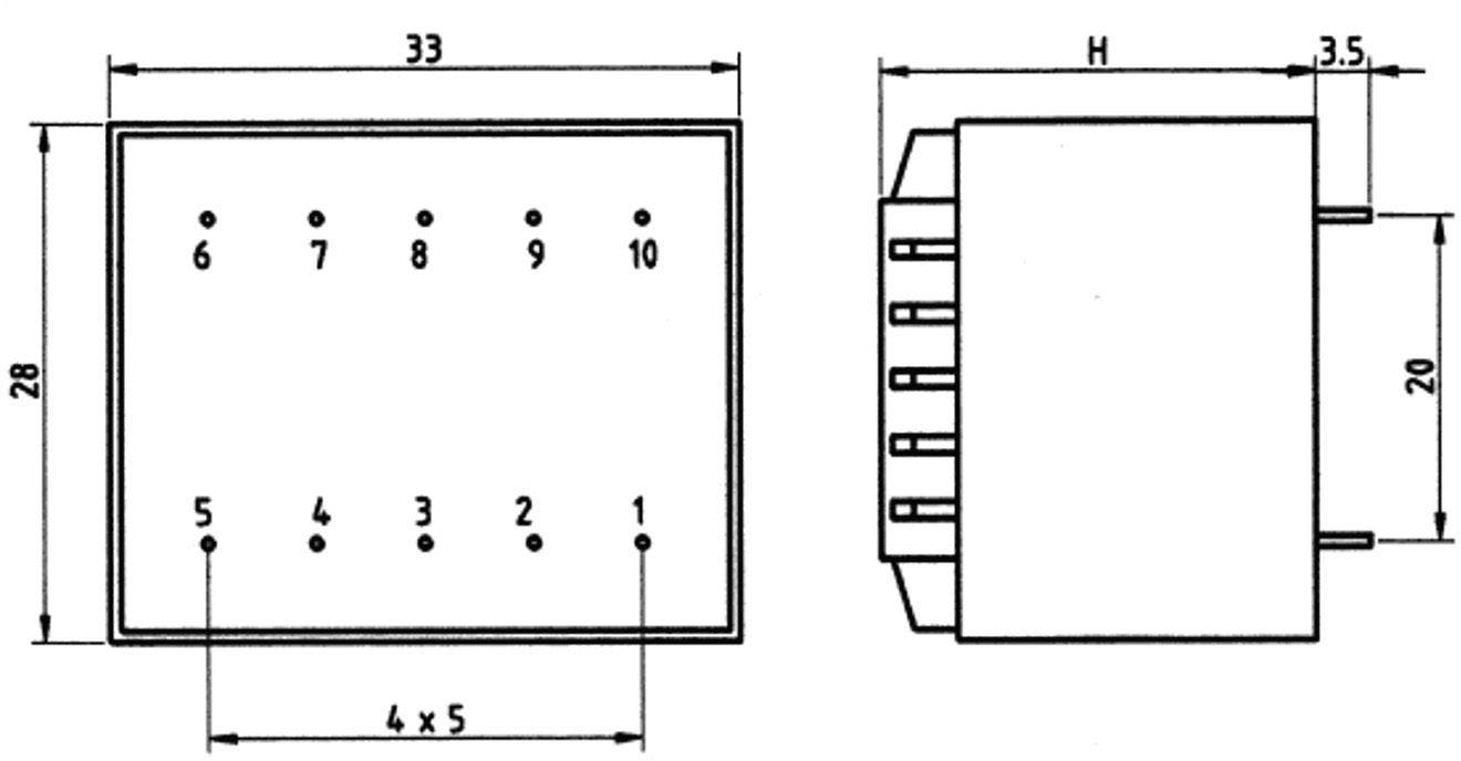 Abbildung eines elektrischen Steckverbinders mit zehn nummerierten Pins und Maßangaben: Breite 33 mm, Höhe 28 mm, Tiefe 20 mm.