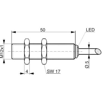 Zeichnung eines zylindrischen Sensors mit M12x1 Gewinde, Länge 50 mm, LED-Anzeige, Schlüsselweite SW 17, Durchmesser 5 mm.