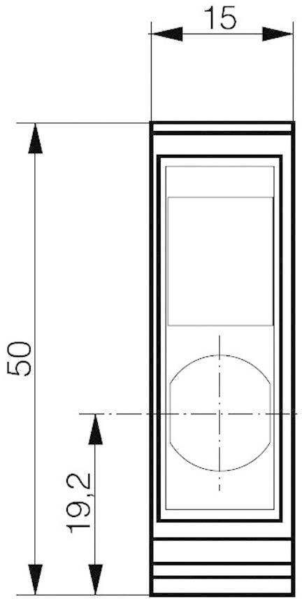 Technische Zeichnung eines rechteckigen Bauteils mit Maßen: Höhe 50 mm, Breite 15 mm, zentrales rundes Element 19,2 mm von unten.
