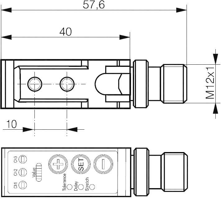 Technische Zeichnung eines zylindrischen Sensors mit M12-Gewinde, Maßangaben und Icons für Toleranz, Verzögerung, Streckung und 'SET'-Taste.