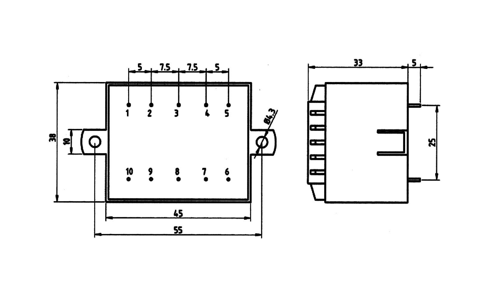 Technische Zeichnung eines elektronischen Bauteils mit Maßen in Millimetern. Vorder- und Seitenansicht mit Anschlussdetails.