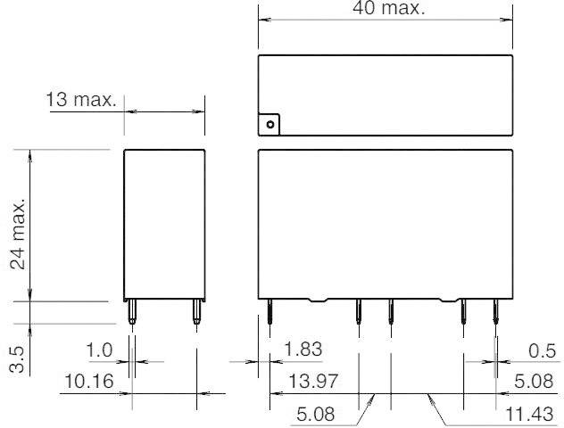 Technische Zeichnung eines rechteckigen elektronischen Bauteils mit Abmessungen in Millimetern: 40 x 24 x 13 maximal.