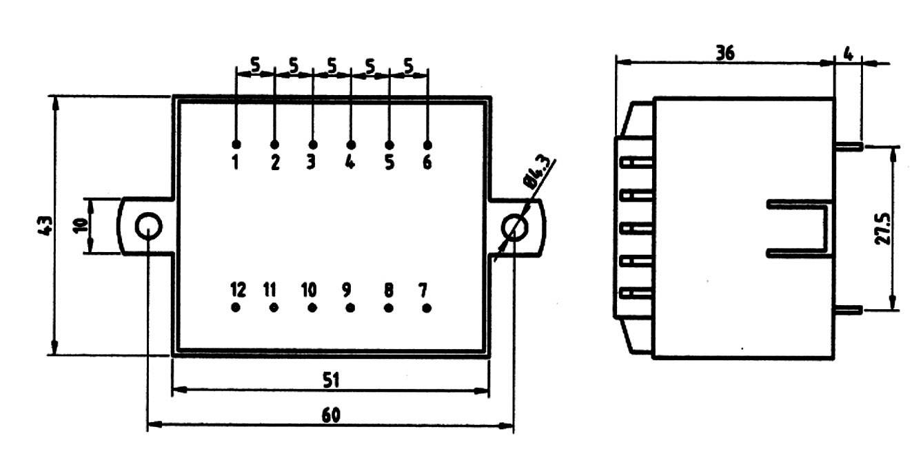 Schaltplan: Rechteckiger elektrischer Stecker, Vorder- und Seitenansicht. Zeigt Position der 12 Anschlüsse mit Maßangaben in Millimetern.