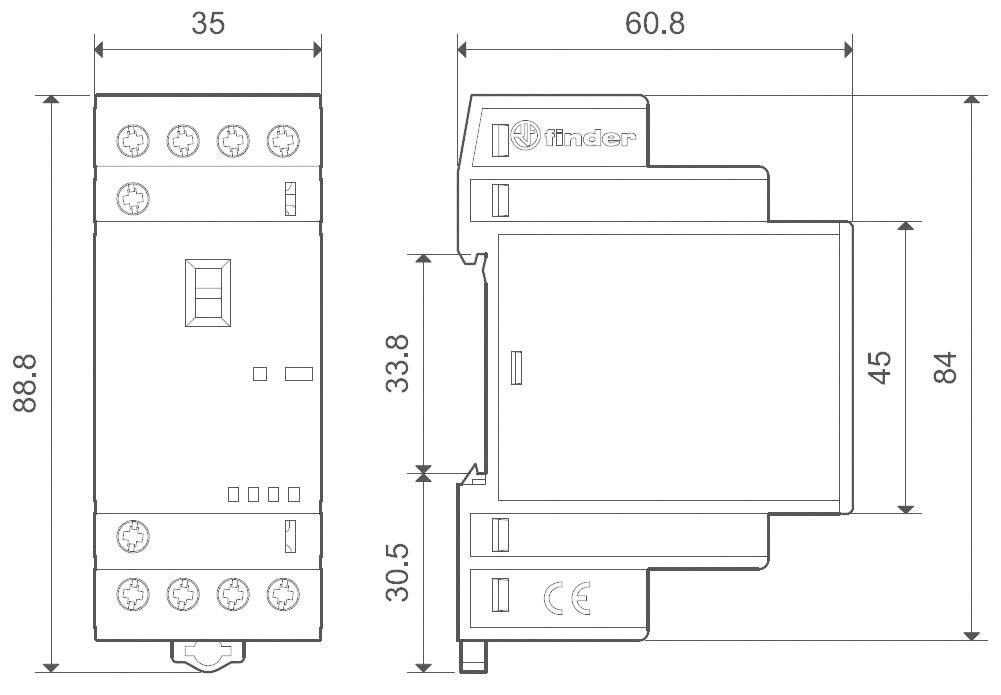Technische Zeichnung eines elektrischen Relais mit Abmessungen: 88,8 mm hoch, 35 mm breit, und 60,8 mm tief.
