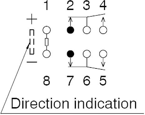Schaltsymbol mit acht Anschlüssen. Anschlüsse 1, 2, 3, 4 oben, 5, 6, 7 unten. Richtungspfeil zeigt auf Anschlüsse 1, 5, 6.