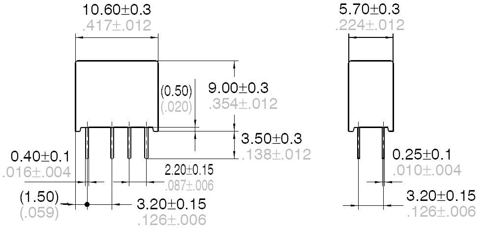 Diagramm mit Maßen eines elektronischen Bauteils: Breite 10,60±0,3 mm, Höhe 5,70±0,3 mm, mit weiteren Abständen der Pins gezeigt.