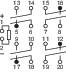 Schaltplan eines elektrischen Systems mit nummerierten Anschlusspunkten und Verbindungen, die verschiedene Schaltkreise zeigen.