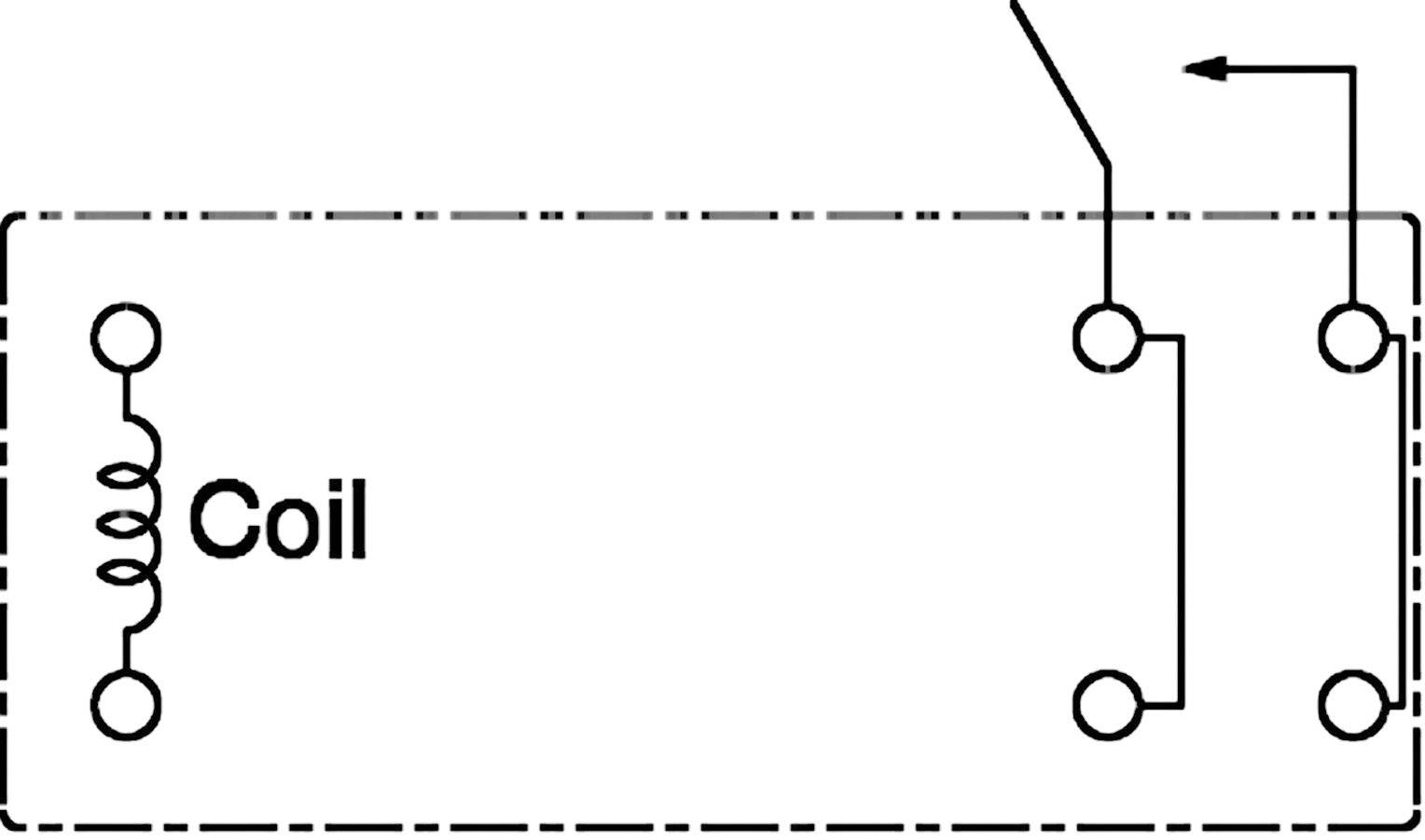 'Relais-Schaltplan: Rechteckiges Kästchen mit Coil-Symbol auf der linken Seite, rechts zwei zwischengeschaltete Kontakte.'