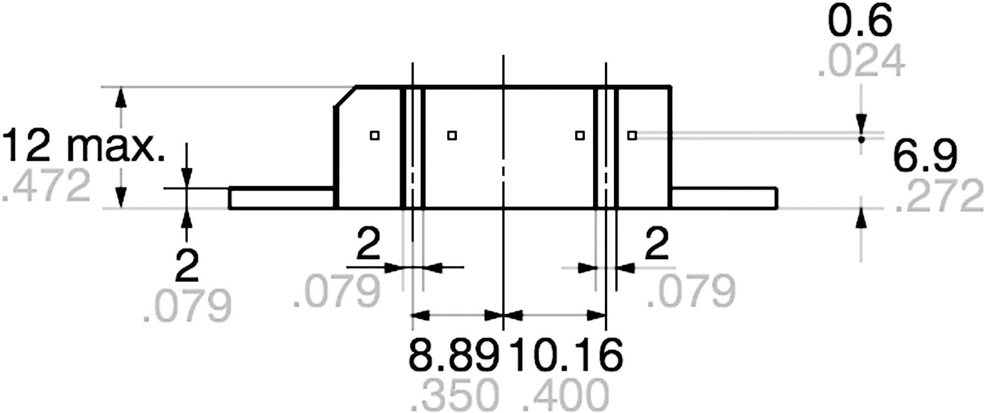 Technische Zeichnung eines Bauteils mit Abmessungen: Breite 8,89 bis 10,16 mm, Höhe 12 mm, Dicke 6,9 mm, weitere Maße angegeben.