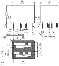 Technische Zeichnung eines elektronischen Bauteils mit Abmessungen in Millimetern. Zeigt Ansichten mit detaillierten Maßen und Beschriftungen.