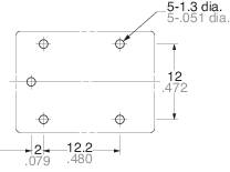 Technische Zeichnung eines rechteckigen Objekts mit Pfeilen und Maßangaben in Millimetern. Angaben: 13 Dia, 12.2, 2.3.