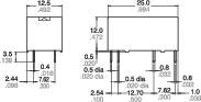 Technische Zeichnung zweier elektrischer Bauteile mit Abmessungen in Zoll und Millimetern; zeigt Höhe, Breite und Beinabstände.