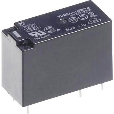 Schwarzes Relais mit weißer Beschriftung, zeigt technische Spezifikationen und Zertifizierungen, verwendet für elektrische Schaltungen.