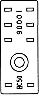 Ein rechteckiges Teil zeigt oben die Zahl '9000', unten die Zahl 'HC50' und in der Mitte ein kreisförmiges Design.