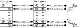 Schaltplan zeigt Klemmenbelegung für 1- und 2-polige Geräte mit Bezeichnungen 'N.C. contact', 'N.O. contact', 'COM contact', 'Coil terminal'.