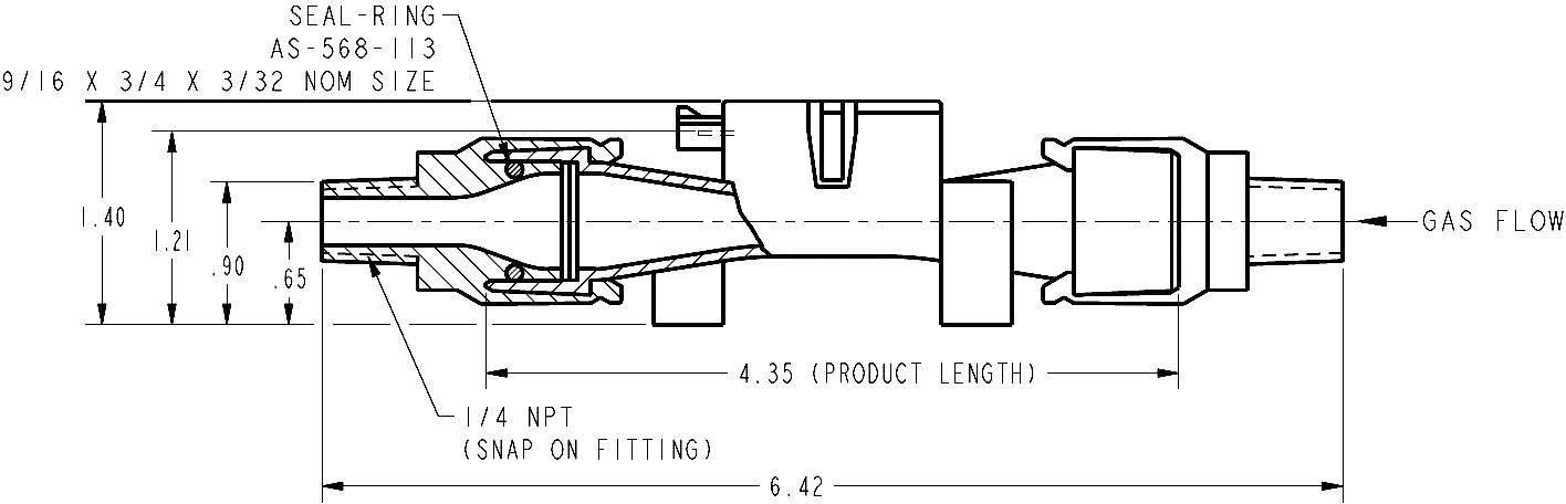 Technische Zeichnung eines Gasdurchflussadapters mit Produktlänge, Dichtungsringangaben und spezifischen NPT-Abmessungen.