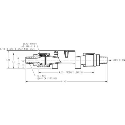 Technische Zeichnung eines Gasdurchflussadapters mit Produktlänge, Dichtungsringangaben und spezifischen NPT-Abmessungen.